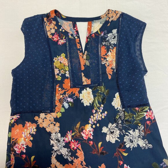 Daniel Rainn V Neck Sheer Keyhole Back Dot & Floral Top Navy Orange S Sleeveless - Picture 11 of 14